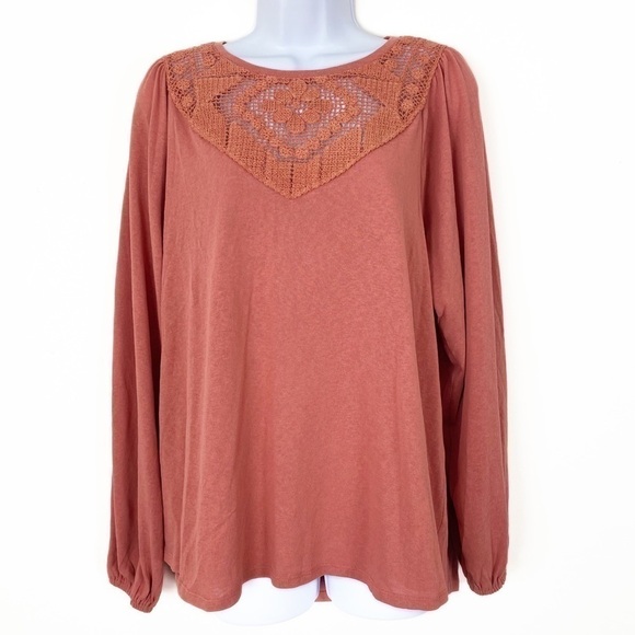 NEW NWT EASEL Crochet Knit Neckline Balloon Sleeve Top Dusty Rose Pink Small - Picture 1 of 7